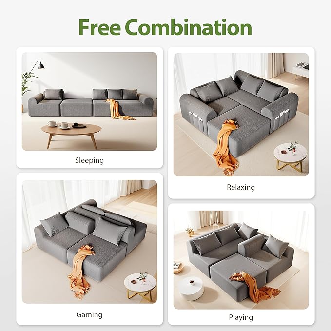 105.5” Cloud Boneless Sectional Sofa for Living Room, L-Shaped 4-Seater Modular Couch with Ottoman & 4 Pillows, Deep Seat Chenille Fabric Sofa, No Assembly, 72H Full Restore, Light Grey