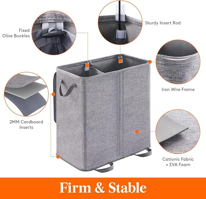 Lifewit Double Laundry Hamper with Lid and Removable Laundry Bags, Large Collapsible 2 Dividers Dirty Clothes Basket with Handles for Bedroom, Laundry Room, Closet, Bathroom, College, 136L Grey