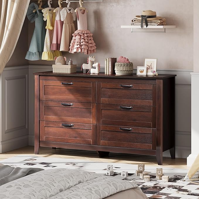 WLIVE Wood Dresser for Bedroom, Double 6 Drawer Dresser with Metal Handle, Large Wooden Chest of Drawers for Living Room, Hallway, Closet, Rustic Brown