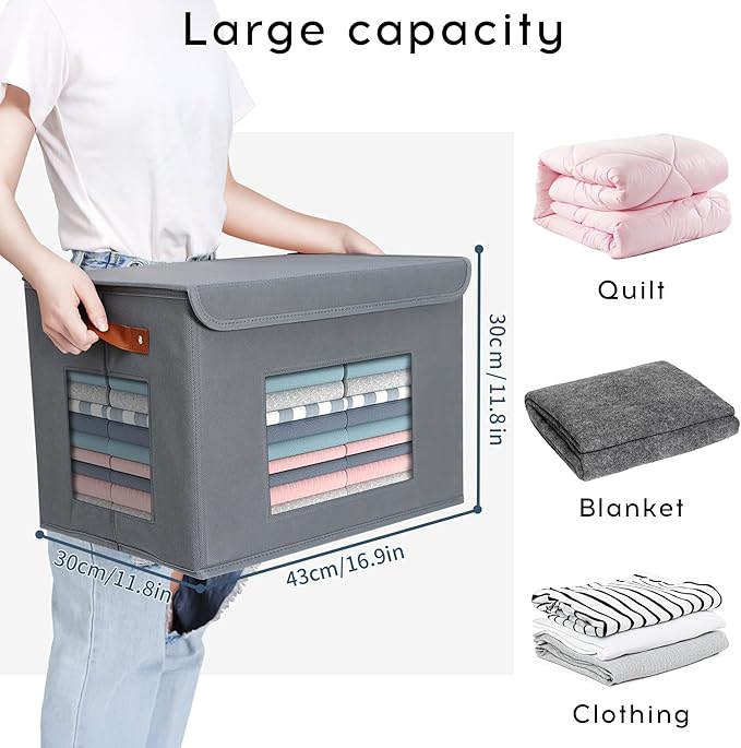 Storage Bins for Clothes, 40L Large Collapsible Stackable Closet Organizer Containers, Storage Boxes with Lids,Storage Cube Basket, Clear Windows & PU Leather Handles, Pack of 3, 17x12x12 Inch