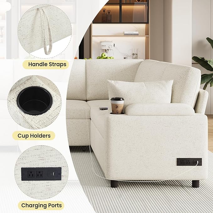 Ball & Cast 109.9" Sectional Sofa with Pull Out Bed, Chenille Upholstered Sleeper Sofa bed with Storage Chaise, Convertible U Shaped Couch with Two Cup Holders and Charging Ports for Living Room,Beige