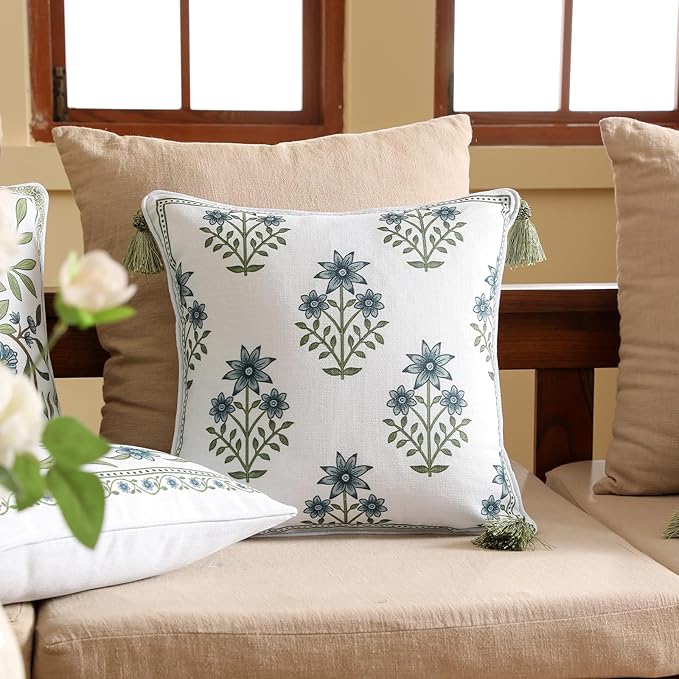 Design Fresh Linen Square Throw Pillow Covers 18"x18" Pack of 2, French White Cottage Cushion Covers with Blue Floral Branches Pattern Decor Pillowcases for Bed,Living Room,Outdoor,Car