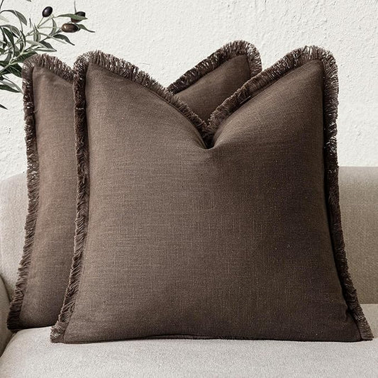 Foindtower Set of 2 Decorative Linen Fringe Throw Pillow Covers Cozy Boho Farmhouse Cushion Cover with Tassels Soft Accent Pillowcase for Couch Sofa Bed Living Room Home Decor,26×26 Inch,Reddish Brown