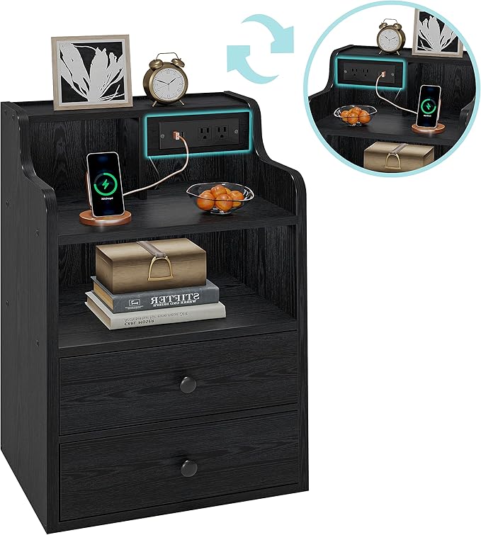 LIKIMIO Black Nightstand with LED Charging Station 2 Drawers and Storage Shelves, Left and Right Interchangeable Sockets Bed Side Table Night Stand with Drawer