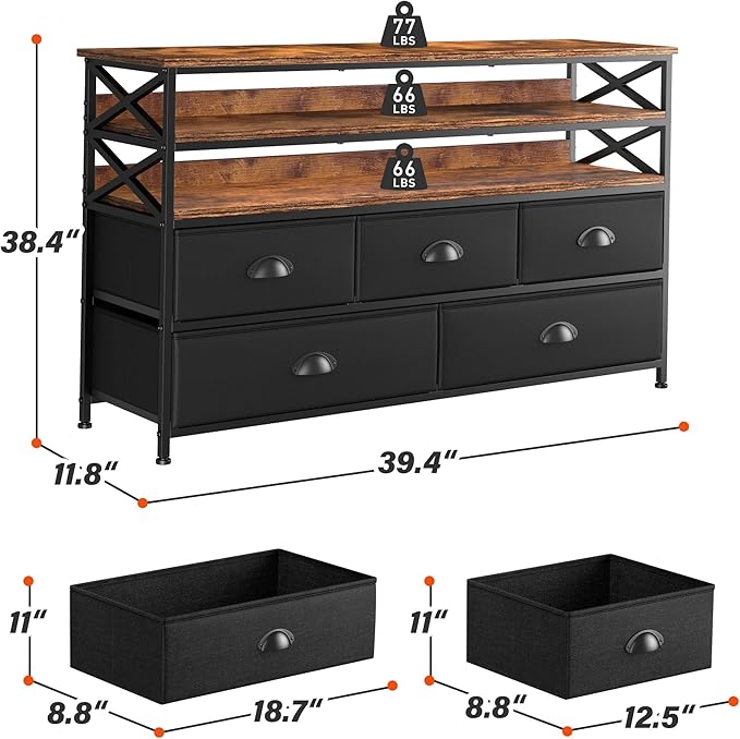 Black Dresser TV Stand for 50" TV, Sturdy Dresser for Bedroom with 3 Wood Open Shelves and 5 Fabric Drawers, Chest of Drawers Storage Dressers for Entryway, Closet, 11.8" D x 39.4" W x 38.4" H