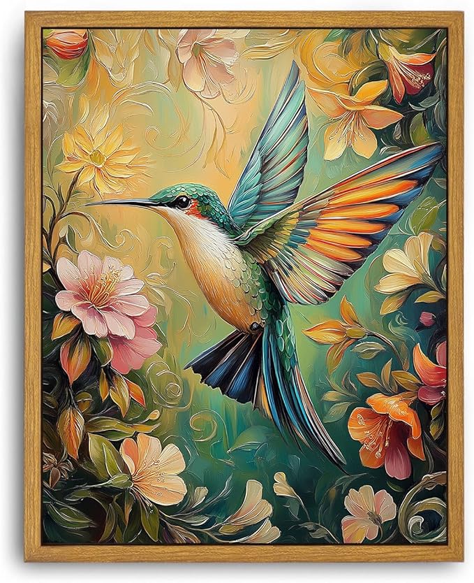 Djmwtb Framed Vintage Wall Art, Colorful Birds Wall Art,Flower Pictures Wall Decor,Nature Botanical Hummingbird Paintings Canvas Artwork Prints for Bedroom, Living Room 16x24in