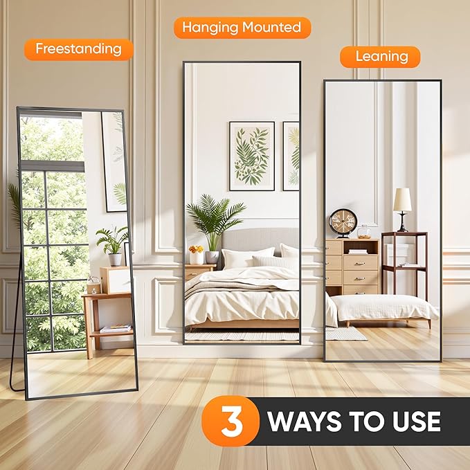 Suidia Full Length Mirror, 76"x34" Floor Standing Mirror Freestanding, Full Body Mirrors with Stand for Bedroom, Hanging Mounted for Living Room Cloakroom, Black, Rectangular Style