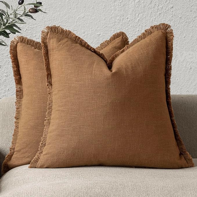 Foindtower Set of 2 Decorative Linen Fringe Throw Pillow Covers Boho Farmhouse Cushion Cover with Tassels Soft Accent Pillowcase for Couch Sofa Bed Living Room Home Decor,18×18 Inch,Orange Brown