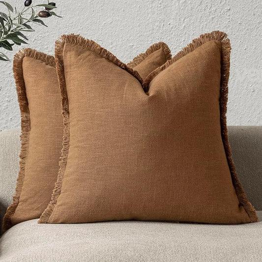 Foindtower Set of 2 Decorative Linen Fringe Throw Pillow Covers Boho Farmhouse Cushion Cover with Tassels Soft Accent Pillowcase for Couch Sofa Bed Living Room Home Decor,18×18 Inch,Orange Brown