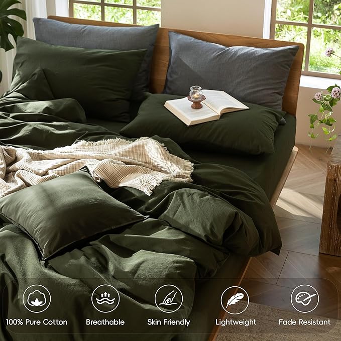 MooMee Bedding Duvet Cover Set 100% Washed Cotton Linen Like Textured Breathable Durable Soft Comfy (Solid Olive Green, King 104"x90")