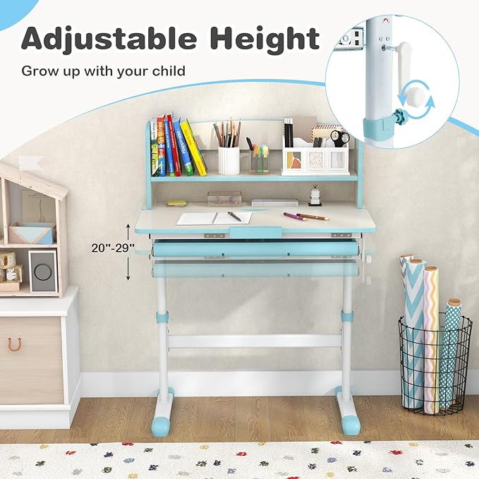 Costzon Kids Desk, Height Adjustable Children Study Desk with Tilt Desktop, Storage Drawer, Hutch, Scale Ruler, Student Writing Table School Desk for Boys Girls Bedroom, Desk for Kids (Blue)