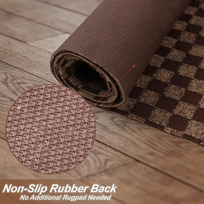 4' x 45' Runner Rugs with Rubber Backing, Indoor Outdoor Utility Carpet Runner Rugs, Checkered Brown, Can Be Used as Aisle for The RV and Boat, Laundry Room and Balcony