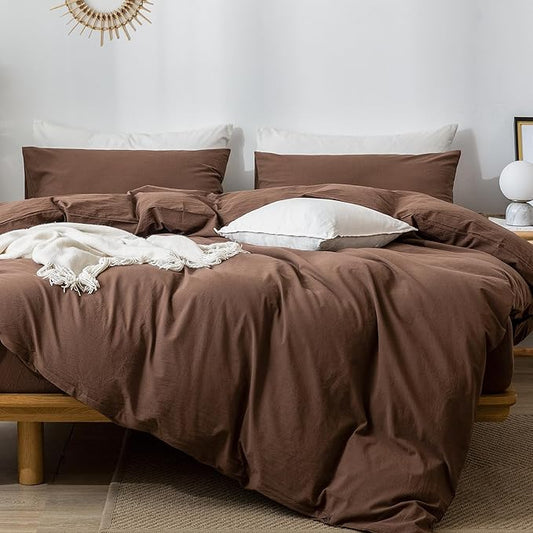 MooMee Bedding Duvet Cover Set 100% Washed Cotton Linen Like Textured Breathable Durable Soft Comfy (Solid Cocoa Brown, King 104"x90")