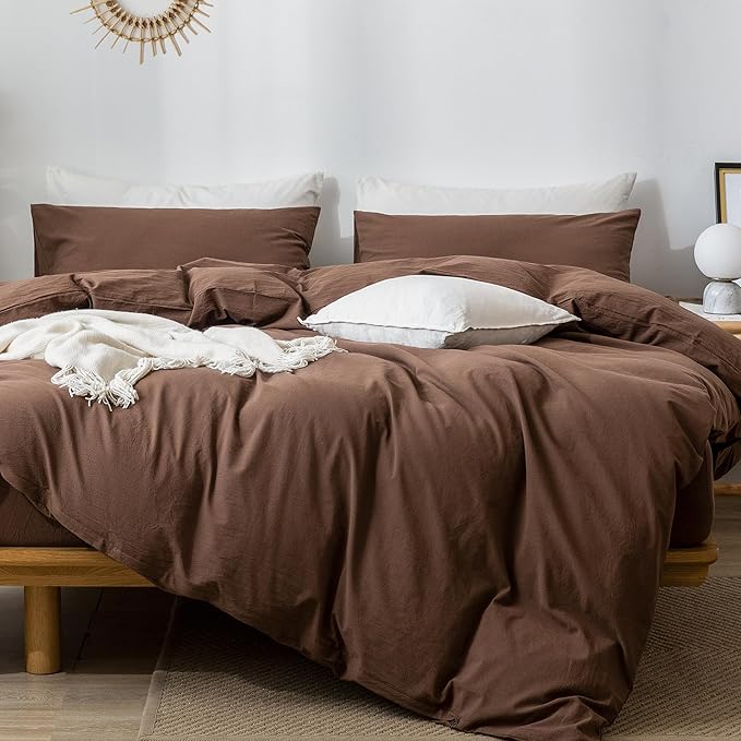 MooMee Bedding Duvet Cover Set 100% Washed Cotton Linen Like Textured Breathable Durable Soft Comfy (Solid Cocoa Brown, Full 80"x90")