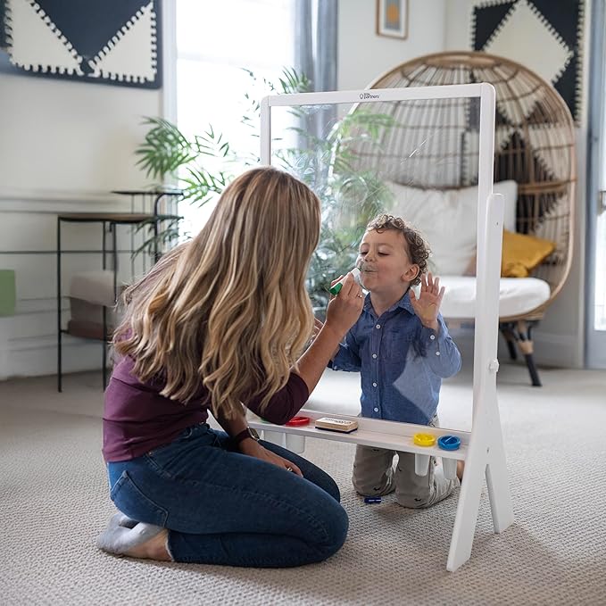 Little Partners Peek-A-Boo Art Toddler Easel, Children's Two-Sided Adjustable Height Clear Acrylic Paint Station for Kids with Built-in Storage, Eraser, Paint Containers (White)