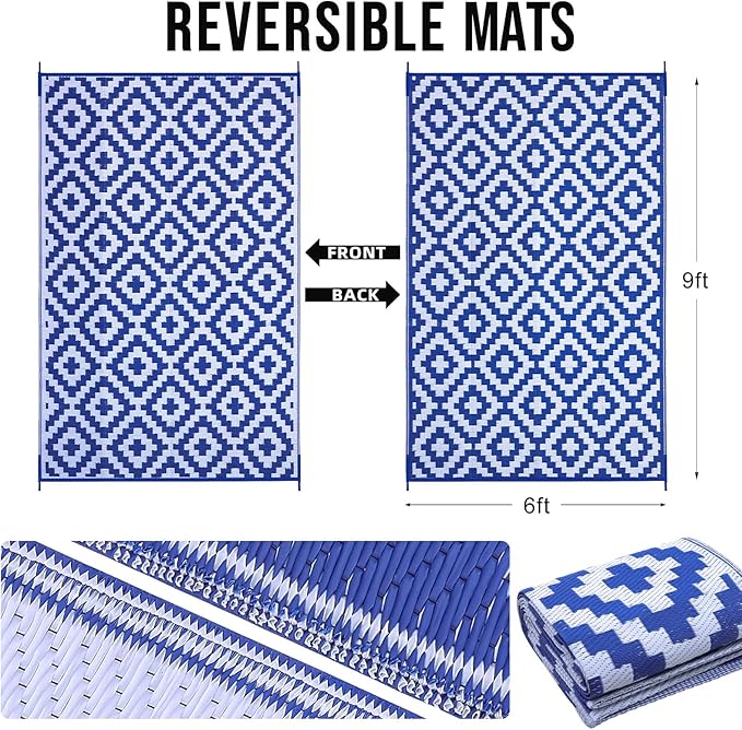 OLANLY Waterproof Outdoor Rug 6x9 ft, Outdoor Plastic Straw Rug for Camping, RV Mat Outside, Outdoor Carpet for Porch, Deck, Backyard, Balcony, Picnic, Blue & White
