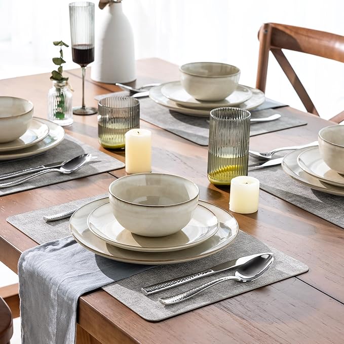 AmorArc Ceramic Dinnerware Sets for 4, 12 Pieces Handpainted Stoneware Plates and Bowls Set, Scratch Resistant Dishes Set, Dishwasher & Microwave Safe, Cappuccino