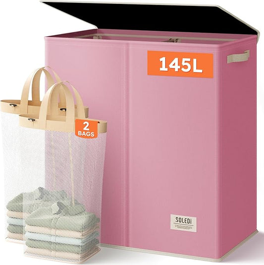 SOLEDI Large Double Laundry Hamper with Lid, Collapsible Clothes Hamper 2 section with Removable Bags, Space-Saving Laundry Basket for Bedroom, Dorm, College