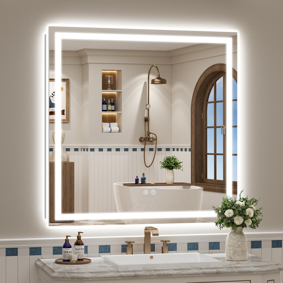 VEEYLOS 40x40 Inch LED Bathroom Mirror with Lights, Backlit & Front Lit