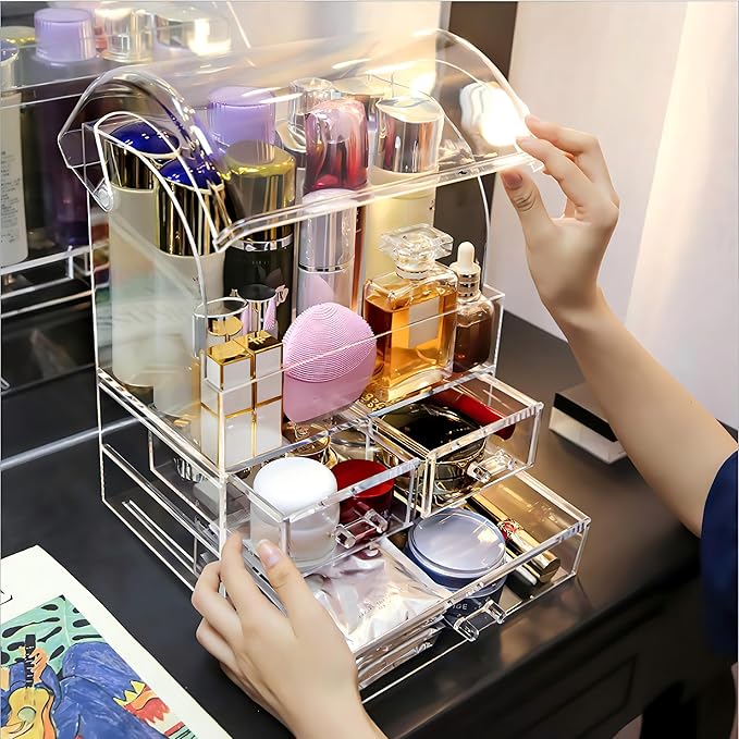 Large Acrylic Makeup Organizer With Lid Portable Dustproof And Waterproof Cosmetic Storage Drawers Box For Women (Clear, 12.5in x 9.5in x 6.3in)
