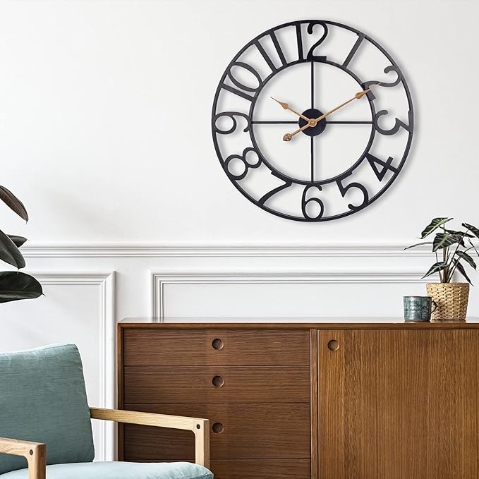 Large Wall Clock for Living Room Decor, 30 in Oversized Wall Clocks Battery Operated Silent Non Ticking, Modern Farmhouse Decorative Wall Clock for Kitchen, Bedroom, Office - Black Metal