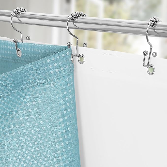 3 in 1 Stall Half Size Shower Curtain Set-36 W x 72 H, Teal Blue Waffle Waterproof Fabric and PEVA Liner Set with Stainless Steel Hooks