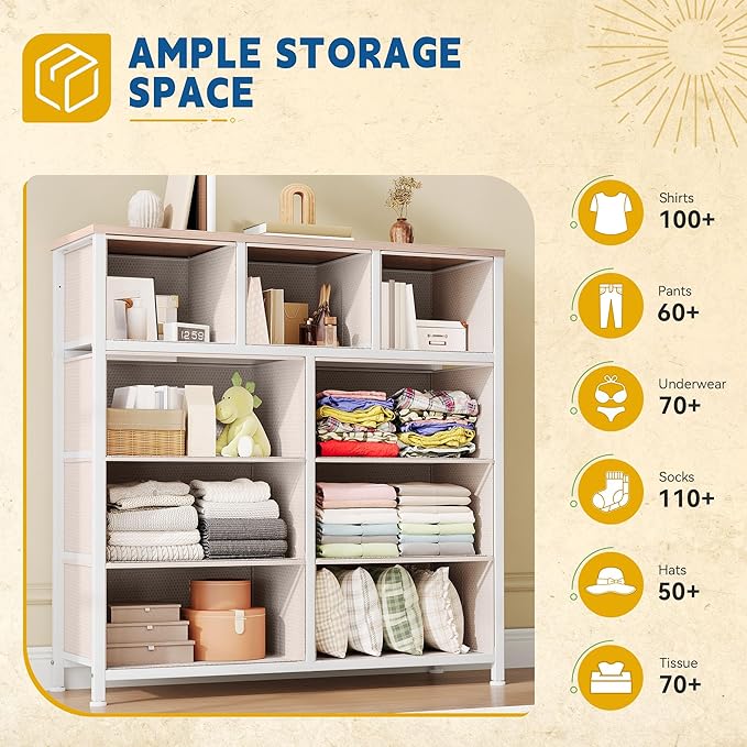 DWVO Dresser with 9 Drawers - Fabric Storage Tower, Organizer Unit for Living Room, Hallway - Sturdy Steel Frame, Wooden Top & Easy Pull Fabric Bins