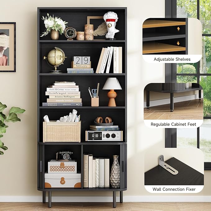 71" Tall Bookshelf, 4-Tier Bookcase with Storage Cabinet & Adjustable Shelves, Floor Standing Wooden Bookshelf with Sliding Door and Adjustable Footpad, for Home Office, Living Room, Black