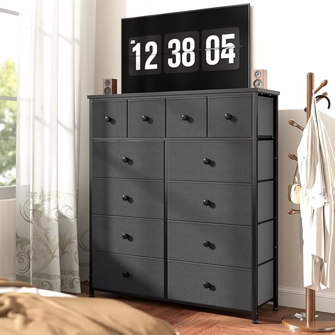 Dresser for Bedroom with 12 Drawers Tall Dressers for Bedroom Fabric Dressers & Chest of Drawers with Sturdy Metal Frame, Wood Top, for Woman, Closet, 40.6" W x 11.8" D x 44.5" H (Dark Grey)