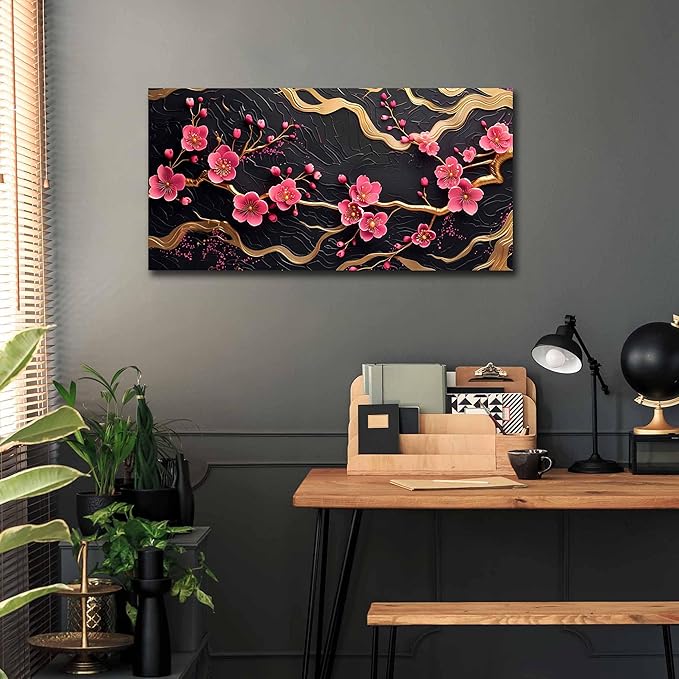 CANEITO Flower Wall Art for Bedroom, Plum Blossom Tree Canvas Wall Decor for Living Room, Red Black and Gold Picture Print Artwork for Office, Size 40 x 20 Inches