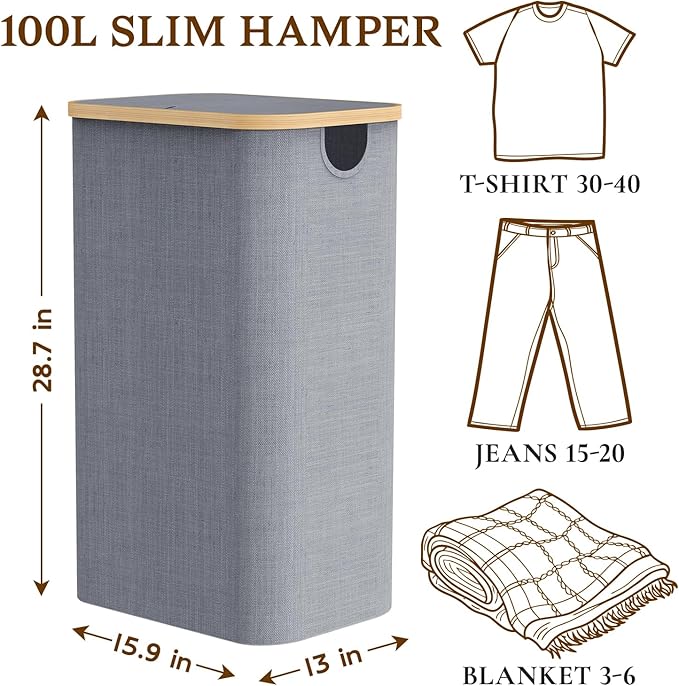 Laundry Hamper with Lid, Large Tall Clothes Basket Bin with Bamboo Handles, Collapsible Laundry Hamper for Bedroom, Bathroom, Dorm, Laundry Room, 100L Grey