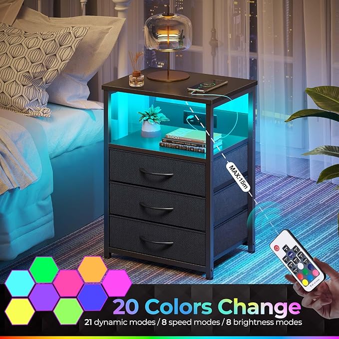 Seventable Nightstand with Charging Station and LED Light, Side Table with 3 Fabric Drawers, Bedside End Table with USB Ports and Outlets, Night Stand for Bedroom, Black