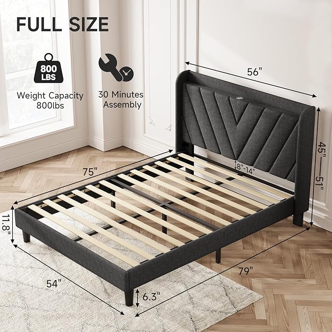 koorlian Full Size Bed Frame, Full Bed Frame with Headboard, Adjustable Upholstered Bed with Type-C&USB Port, Wingback Storage Headboard, Noiseless, No Box Spring Needed, Dark Gray
