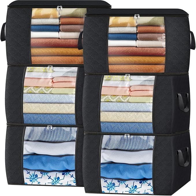 Fab totes 90L Clothes Storage, Foldable Thick Fabric Blanket Storage Bags, Containers for Organizing Bedroom, Closet, Clothing, Comforter, Organization with Handle (6 Pack,Black)
