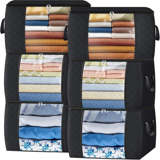 Fab totes 90L Clothes Storage, Foldable Thick Fabric Blanket Storage Bags, Containers for Organizing Bedroom, Closet, Clothing, Comforter, Organization with Handle (6 Pack,Black)