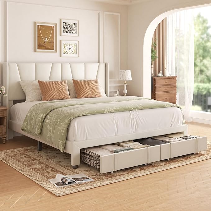 King Bed Frame with Storage Drawers, Upholstered King Size Platform Bed with 47" Tall Headboard and Wingboard, No Box Spring Needed, NO Noise, Easy Assembly, Wooden Support Slats, Beige