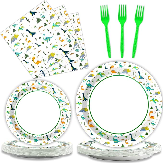 Wiooffen 96 Pc Dinosaur Party Plates, Napkins, Watercolor Birthday Tableware Supplies Set - Cartoon Dinosaur Disposable Dinnerware Decoration for 24 Guests