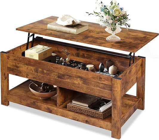 WLIVE Coffee Table, 47" Lift Top Coffee Table with HiddenCompartment and 2 Storage Shelves for Living Room, RusticBrown