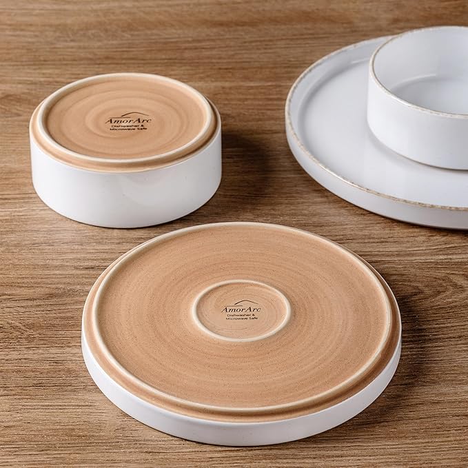 AmorArc Ceramic Dinnerware Sets for 6, 18 Pieces Handpainted Plates and Bowls Set with Rustic Terracotta Underside, Scratch Resistant Stoneware Dishes Set, Dishwasher & Microwave Safe