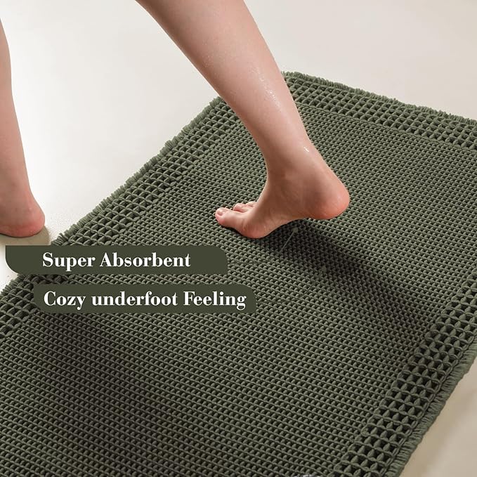 RESARE Waffle Bath Mat for Bathroom, Super Absorbent Bathroom Rugs Non Slip Machine Washable, Ultra Soft Quick Dry Boho Bath Rugs with Tassels for Floor, Upgraded Bordered Design, 18"x30" Green