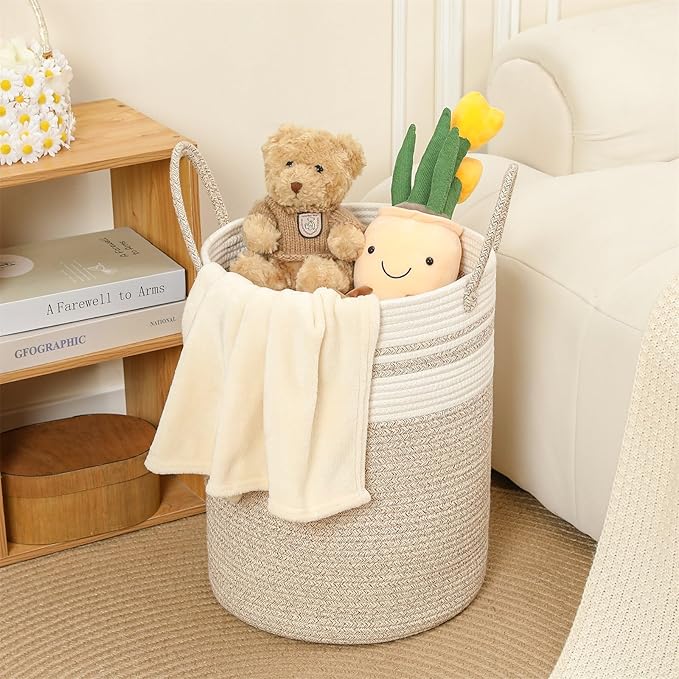 40L Woven Laundry Basket Hamper, 100% Natural Cotton Rope, Handwoven & Durable, Storage for Blankets, Toys, Clothes, Decorative Nursery Hamper for Living Room, Baby Room, Bedroom (Brown with White)