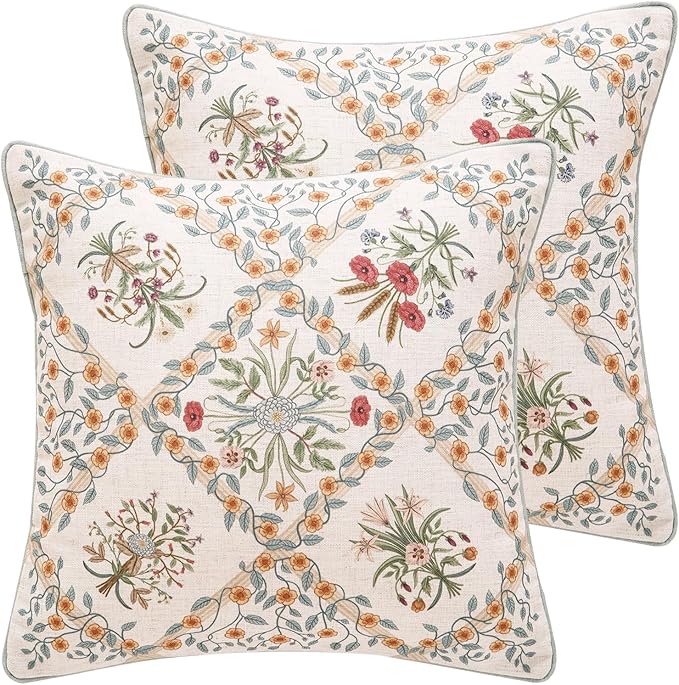 Design Linen Throw Pillow Covers 18"x18" Pack of 2, Square Farmhouse Cushion Covers with Red Pink Yellow Watercolor Wildflower Pattern Decor Pillowcases for Bed,Living Room,Outdoor,Car