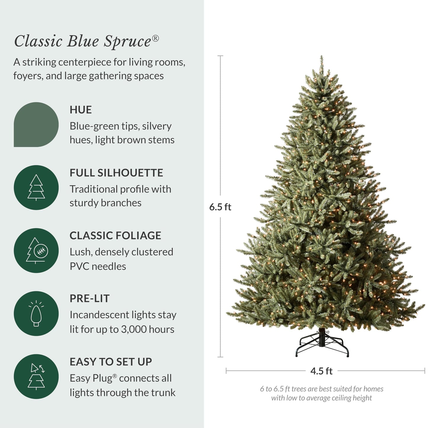 Balsam Hill 6.5ft Pre-Lit Classic Blue Spruce - Artificial Christmas Tree with 2144+ Tips, 700 Clear Incandescent Lights, Easy Plug Technology & Premium Stand for Indoor Holiday Decorating