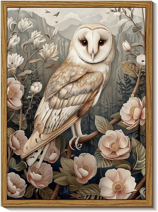 Djmwtb Framed Vintage Wall Art, Owl Wall Art,Flower Pictures Wall Decor,Nature Botanical Paintings Canvas Artwork Prints for Bedroom, Living Room 16x24in