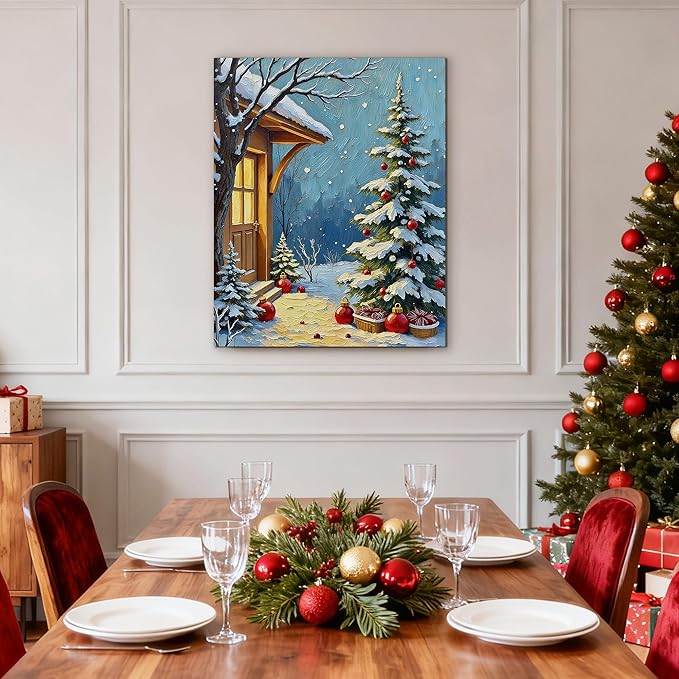 Framed Christmas Pictures Wall Decor,Vintage Pine Tree Prints,Winter Christmas Canvas Wall Art Decoration for Bedroom Bathroom Living Room Rustic Xmas Holiday Gifts (Christmas Tree 21, 12'' X 16'')