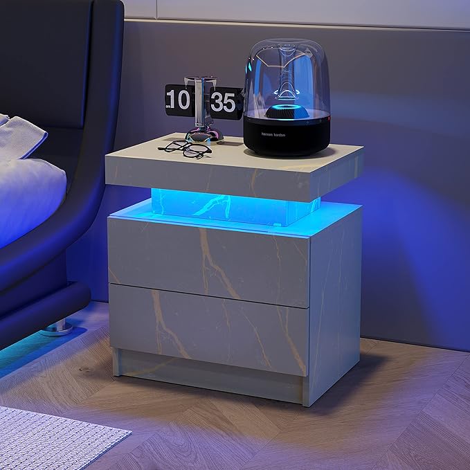 LED Nightstands Set of 2, Modern End Side Table with 2 Drawers, LED Bedroom Furniture for Bedroom and Living Room, Grey Marble Pattern