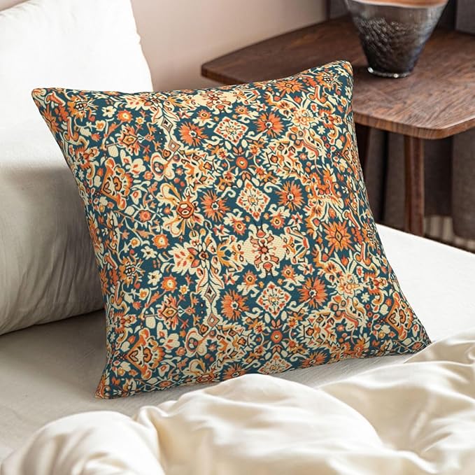Navy Blue Orange Vintage Floral Pillow Covers 18x18 Inch Set of 2, Bohemian Style Carpet Pattern Decorative Throw Pillows Fall Cushion Covers for Sofa Bed Couch Living Room Outdoor Decor