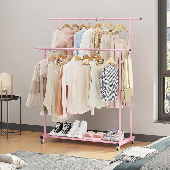Calmootey Double Rod Clothing Garment Rack,Rolling Hanging Clothes Rack,Portable Clothes Organizer for Bedroom,Living Room,Clothing Store,Pink
