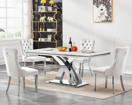 Modern White Marble Dining Table Set for 4,5-Piece Kitchen Table and Chairs for 4,Luxury Silver Dining Room Table Set w/68" Rectangle Dinner Table & 4 Beige Velvet Chairs for Kitchen Dining Room