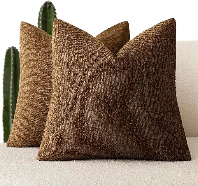 Foindtower Pack of 2 Modern Textured Boucle Throw Pillow Covers Accent Solid Decorative Pillow Cases Cozy Woven Couch Cushion Case for Chair Sofa Bedroom Living Room Home Decor 20x20 Inch Hazel Brown